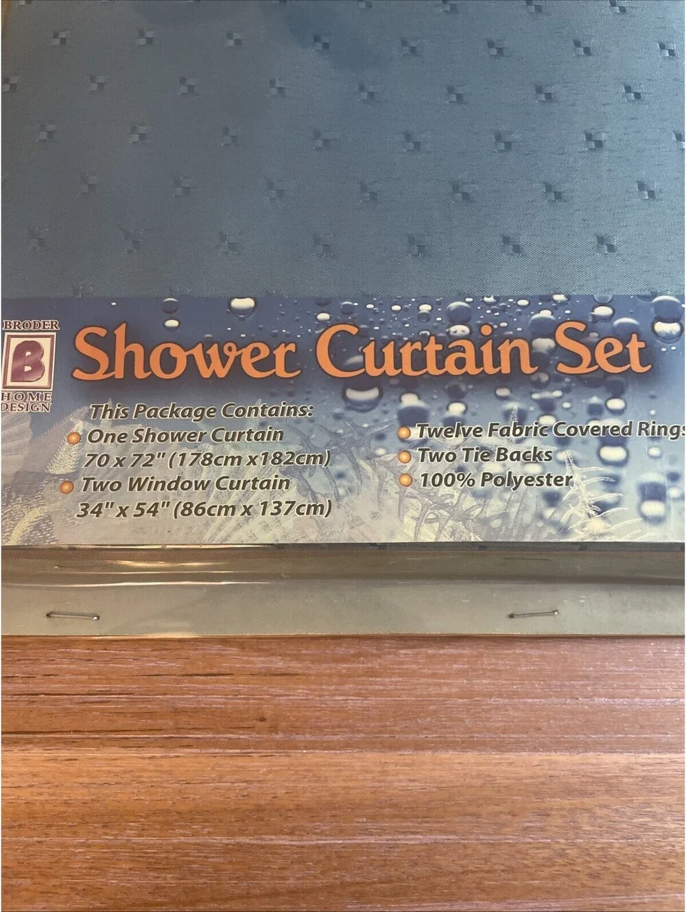 Fabric Shower Curtain Set w/ Hooks (70x72) & Twin Window Curtain (34x54) - Blue